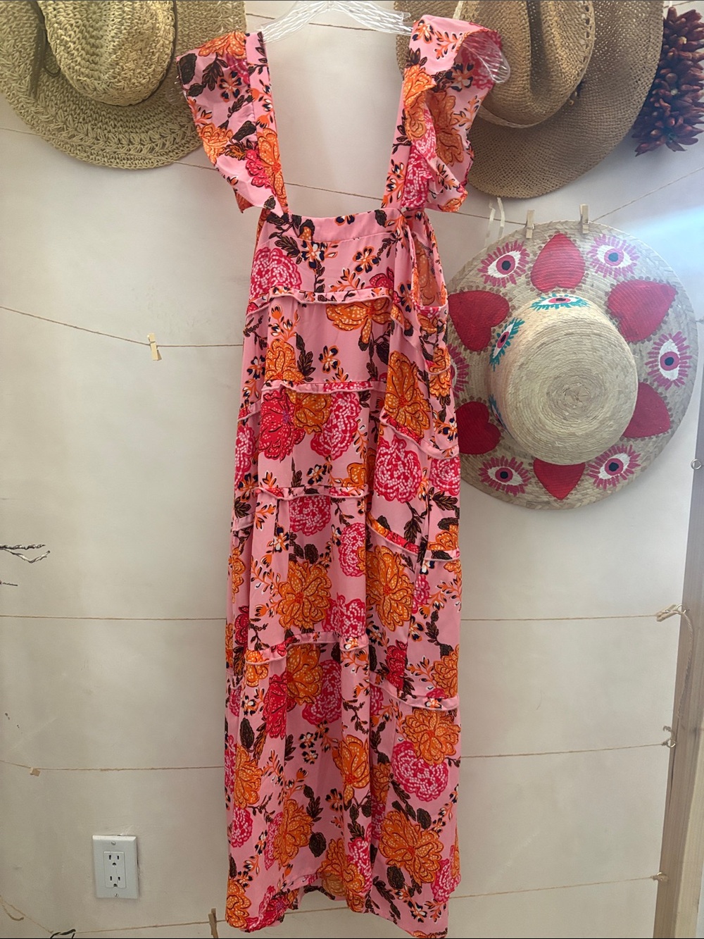 Pink Floral Ruffle Strap Maxi Dress